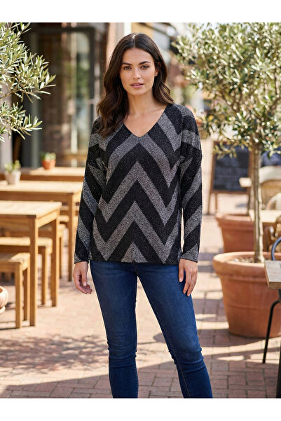T Guel Kadın Gri-Siyah Simli Zigzag Desenli Triko Kazak