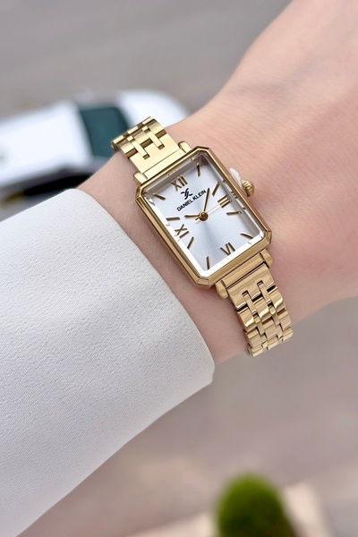 Daniel Klein Gold Renk Dikdörtgen Kasa Kadın Kol Saati ve Bileklik
