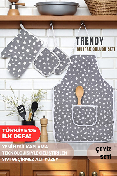 sevilya Trendy 3lü Set Su Geçirmez Mutfak Önlüğü Çeyiz Seti Isıya Dayanıklı Fırın Eldiveni Ve Tutacak Takımı