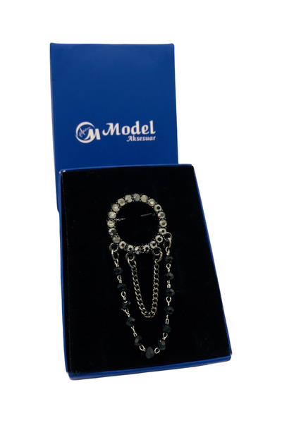 model aksesuar Yuvarlak antrasit Beyoğlu siyah taşlı sallantılı broş