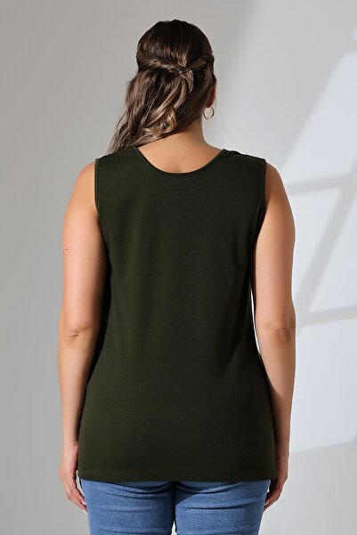 Şiir Jaspers Khaki Devore Detailed - Side Slit Large Size Blouse