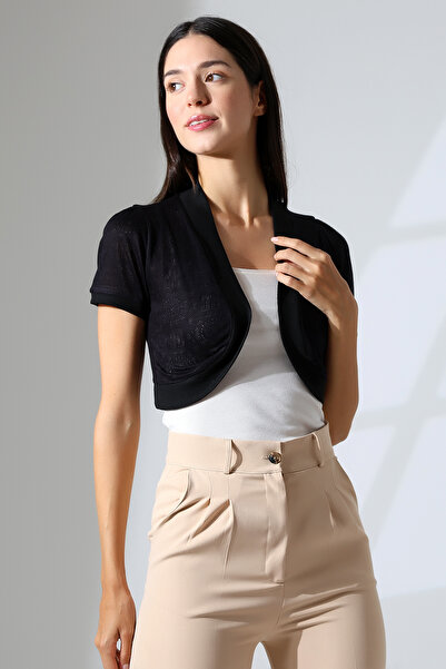 Şiir Puzi Kadın Penye Oval Etek Ajur Desenli Kısa Kollu Omuzları Büzgülü Kısa Hırka & Bolero - Siyah