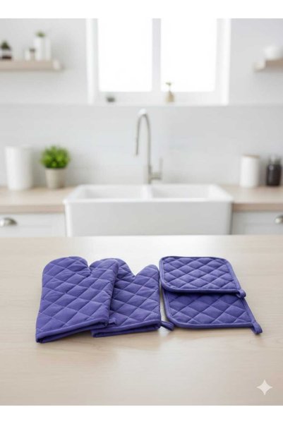 ROZET TEKSTİL Fireproof, Heat Resistant, Heat Proof Kitchen Oven Pot Glove and Holder Set 2 Gloves 2 Holders
