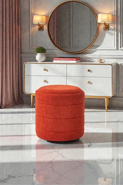 Framgan Lüks CNC Çizgili Yuvarlak Puf – Makyaj Masası Pufu Dekoratif Ayak Uza...