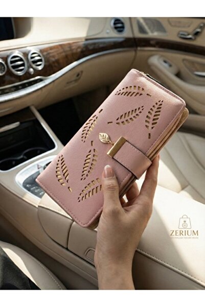 ZERİUM Pu Leather Women's Wallet - Vintage Leaf Pattern Long Handle Card Holder