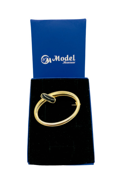 model aksesuar Oval siyah işlemeli gold broş