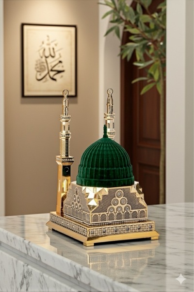 Güncel Vitrin Zirkon Taşlı Çift Minareli Mescid-i Nebevi Dekoratif Biblo 15*26 cm