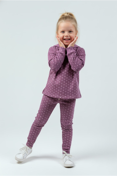 Kyron Kız Çocuk Puantiyeli Kapüşonlu Takım - Mürdüm