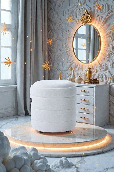 Framgan Lüks CNC Çizgili Yuvarlak Puf – Makyaj Masası Pufu Dekoratif Ayak Uzatma Kırık Beyaz Model