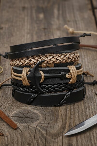 BSN Store Black Anchor Figured Tan String 5 Pieces Genuine Leather Bracelet