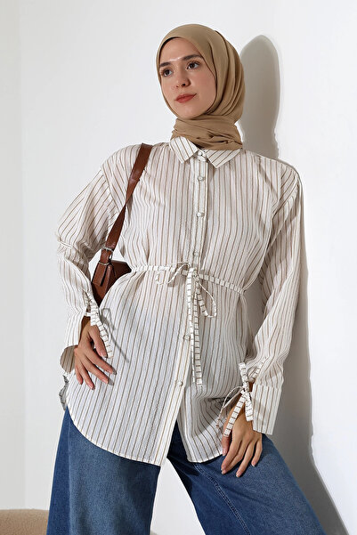 Mihran Butik قميص حجاب نسائي من القماش المنسوج باللون البني