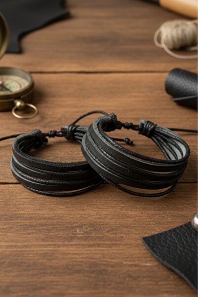 BSN Takı Çok Katmanlı Siyah/siyah El Yapımı Hakiki Deri Bileklik 2 Parça