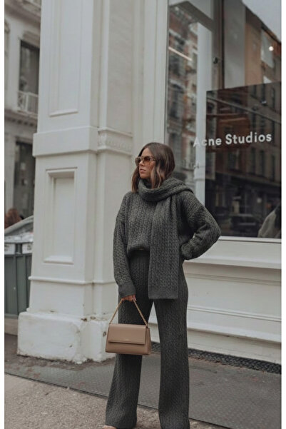 MoonliWear طقم نسائي من ثلاث قطع: سترة محبوكة وبنطلون وشال