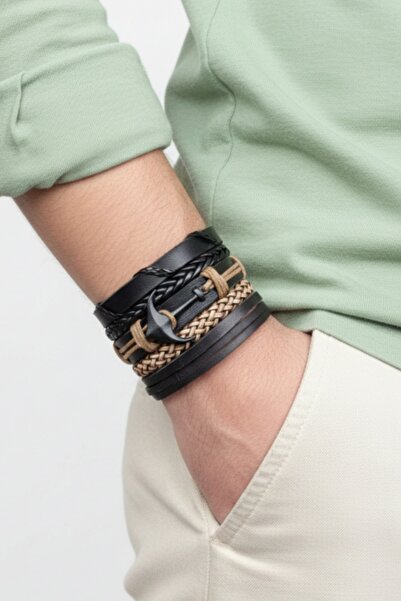 BSN Store Black Anchor Figured Tan String 5 Pieces Genuine Leather Bracelet