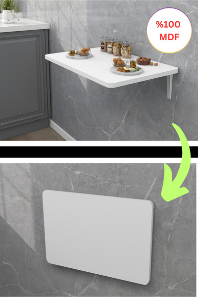 Kydonia Home 60x140 cm 4 Köşe Oval Beyaz Duvara Monte Kırma Katlanır Yemek Ma...