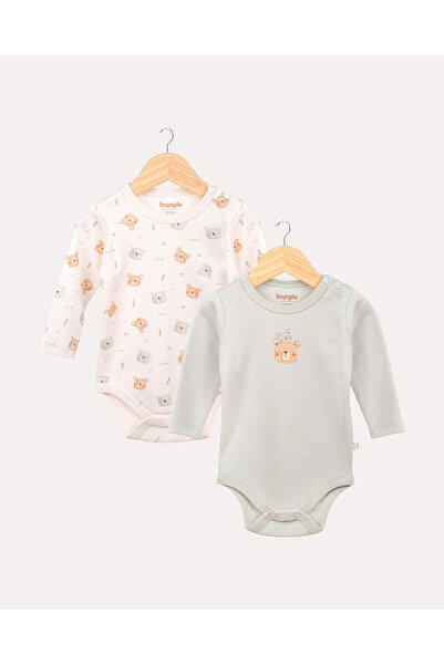 2'li %100 Organik Pamuk GOTS Uzun Kollu Teddy Desenli Bebek Body Zıbın Set - Ekru & Mint