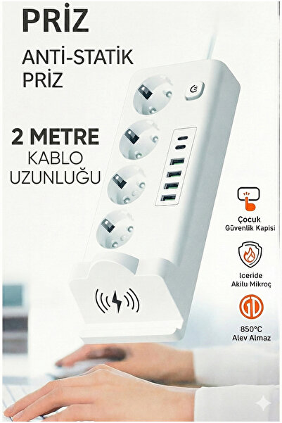 sonx 4'lü Akım Korumalı Priz ve Masaüstü Şarj İstasyonu 15W Kablosuz Şarj Standı Type-C Hızlı Şarj Çıkışı