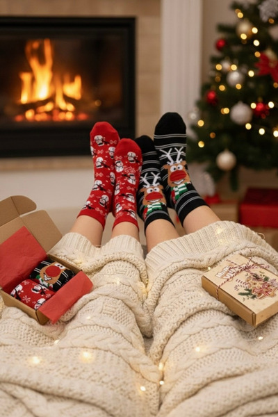 Oxford Sport Yılbaşı Hediye Paketi 3 lü Set Ren Geyiği+Kardan Adam Çorap+Kartpostal (Özel Not) Yeni yıl Hediye