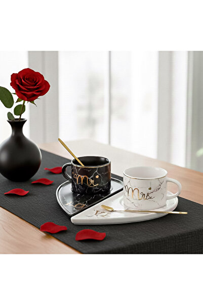 Malooki Set of 2 coffee cups with heart-shaped holder - Love, Mr & Mrs 180 ml