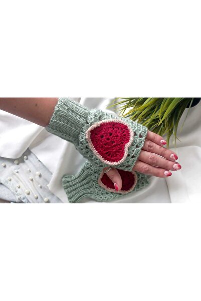 ZeynDesign Trendy Kalp Aplikeli El Yapımı Parmaksız Eldiven