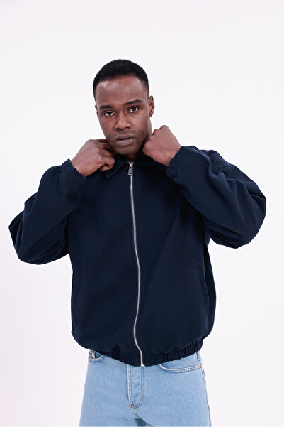 freemen Men's Basic Gabardine Fabric Zippered Oversized Transitional Polo Collar Navy Blue Jacket