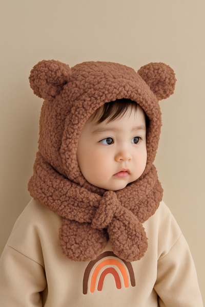 Bundera Avis Brown Children's Hooded Plush Beanie Scarf Welsoft Neck Collar Windproof Ear Hat