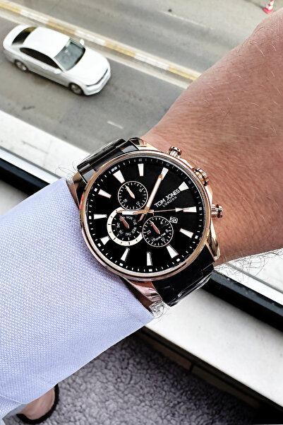 Tom Jones ساعة يد رجالية 3 اتم مقاومة للماء لون اسود سوار ستيل Cbk1029