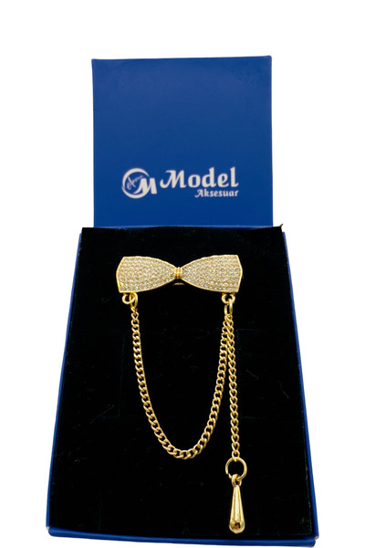 model aksesuar Fiyonk Zirkon Taşlı Zincir Detaylı Broş