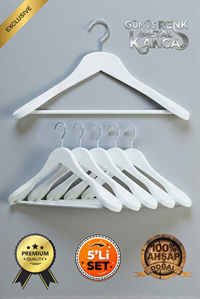 Faravis Atelier Ahşap Askı Kalın Omuzlu Takım Elbise Ceket Askısı 5 Adet Kaymaz Pantolon Çubuğu