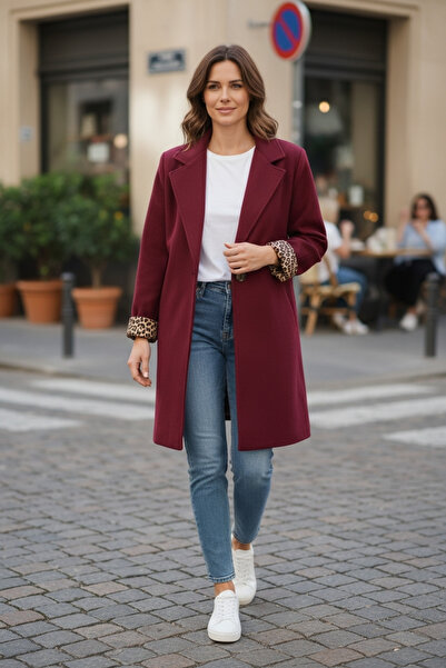 OEM Palton roșu bordeaux cu imprimeu animalier, M/L