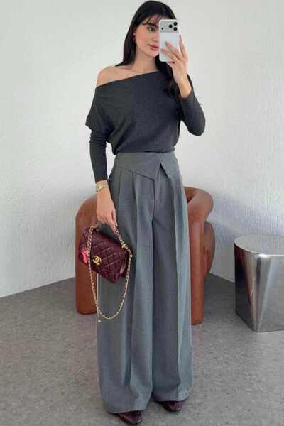 LUV STUDİOS CO بنطلون بلازو كتان بحزام عالي الخصر باللون الرمادي