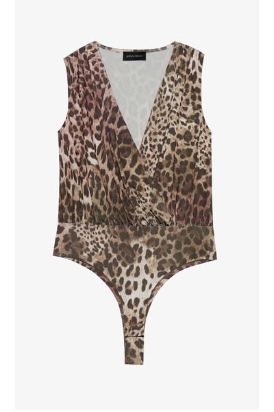 MAXLEVEL MODA Leopard Pattern Double-Breasted Necklined Women's Bodysuit Bluz
