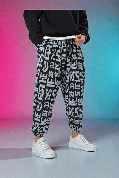 COCOPELLI Ανδρικό πλισέ μισό φαρδύ παντελόνι με μοτίβο γράφιτι και ελαστικές τσέπες στα πόδια, χαλαρό hippie bohemian φαρδύ παντελόνι