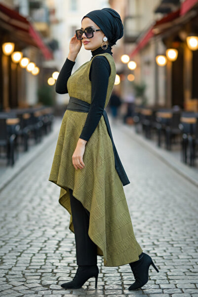 Aişe tesettür Sarı Siyah Kareli Yelek