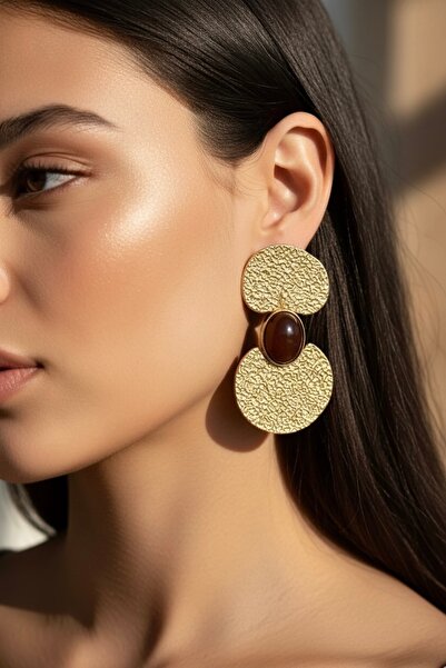 neslyaccessories Brown stone big plate dangle tattoo earrings