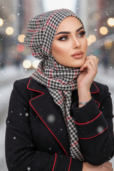 Aişe tesettür Red Houndstooth Scarf Hijab Beanie