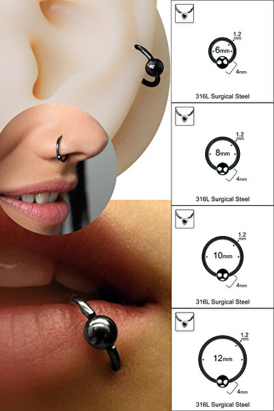 Cadının Dükkanı 4 mm Toplu Siyah Çelik Halka Piercing-Tragus, Helix, Dudak, K...