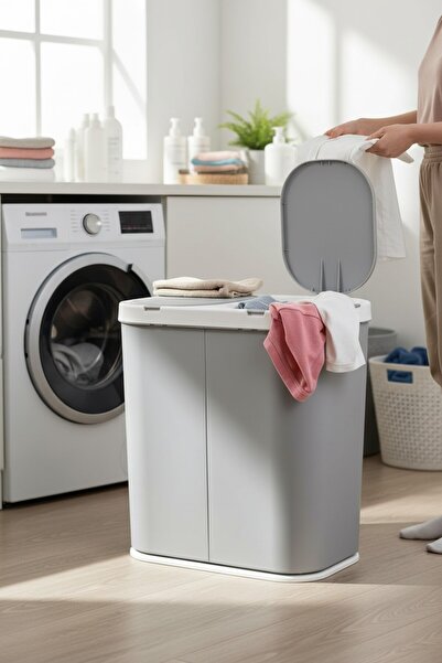 Milenay İki Bölmeli Temiz Kirli Otomatik Kapak Çamaşır Sepeti, 45+45 90lt Hacim