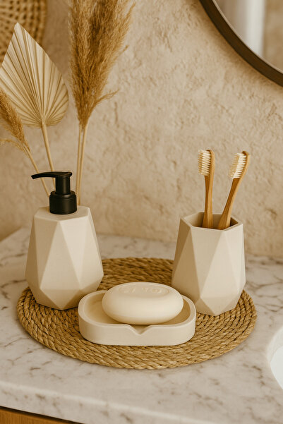 Zigzag Home Set decorativ de baie din 3 piese Dispenser pentru săpun lichid Suport pentru periuță de dinți Set pentru săpun solid