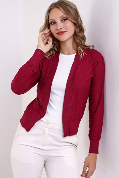 Şiir Rades Kadın Penye Italyan Reglan Önü Açık Jakarlı Esnek Kısa Hırka - Mürdüm