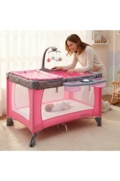 Baby Care Foldable and Playpen Crib FMAT, 2 Height Levels, with Melodies and Changing Table, Pink