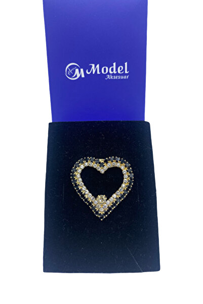 model aksesuar Kalp Siyah Ve Kristal Taşlı Gold Broş