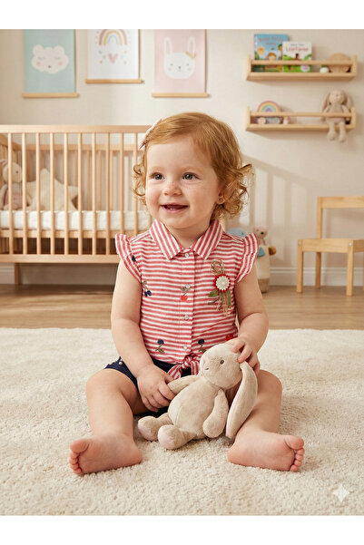 Mini Baray Kız Bebek Çizgili Bluz ve Şort Takımı (9-12-18 Ay)