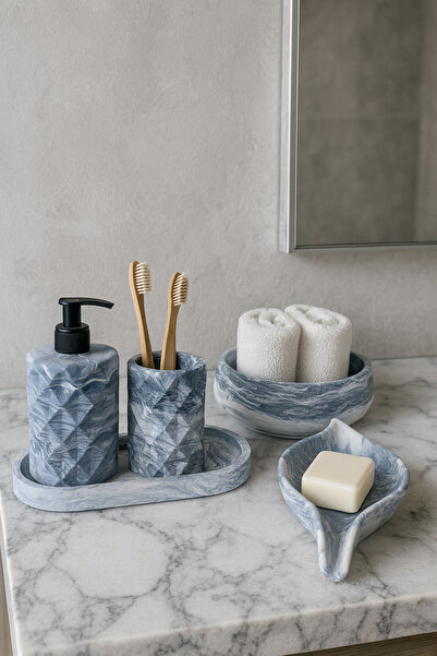 Zigzag Home Decorative 5 Piece Marble Pattern Bathroom Set Liquid/Solid Soap Dispenser Toothbrush Holder Towel Rack Tray Set