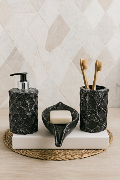 Zigzag Home طقم حمام مكون من 3 قطع بنمط رخامي على الطراز البوهيمي، حامل صابون...