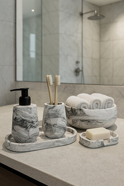 Zigzag Home Set de baie decorativ din 5 piese cu model de marmură, dozator de săpun lichid/solid, suport pentru periuță de dinți, suport pentru prosoape, set de tăvi