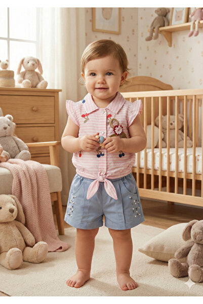 Mini Baray Baby Girl Striped Blouse and Shorts Set (9-12-18 Months)