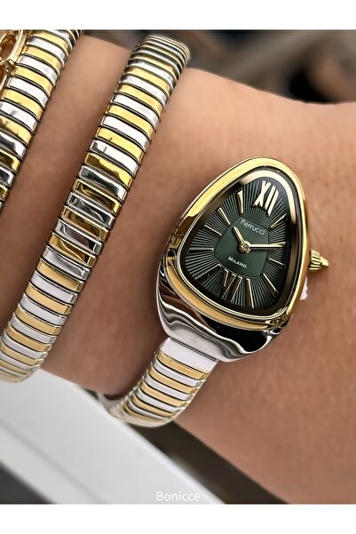 Ferrucci Green and Yellow Color, Steel Cord, Waterproof, Snake Model Women's Wristwatch Bracelet in Gift Box