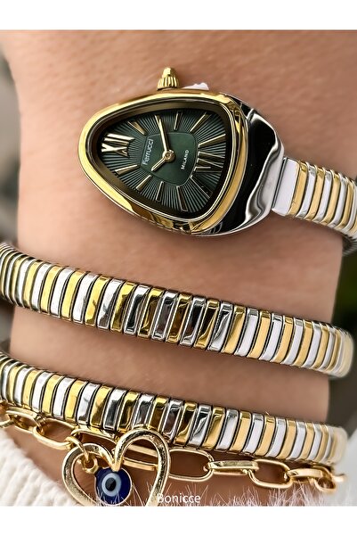 Ferrucci Green and Yellow Color, Steel Cord, Waterproof, Snake Model Women's Wristwatch Bracelet in Gift Box