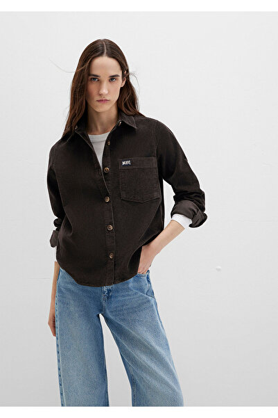 Mavi Detaylı Kahverengi Kadife Gömlek Regular Fit / Normal Kesim 1211277-90892